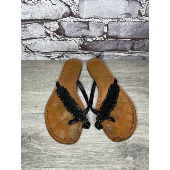 Coach New York DENI Black Leather Feather Thong Flat Sandals Women Sz 8B US/38EU - Picture 4 of 16